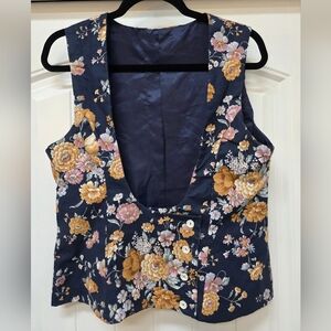 Floral Button Down Vest - Navy and Gold